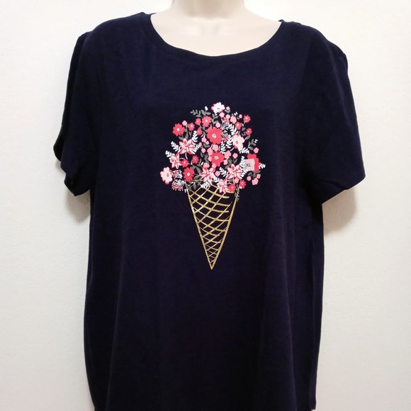 NWT Loft Floral Gold Cone Navy Tee 100% Cotton - Picture 1 of 8